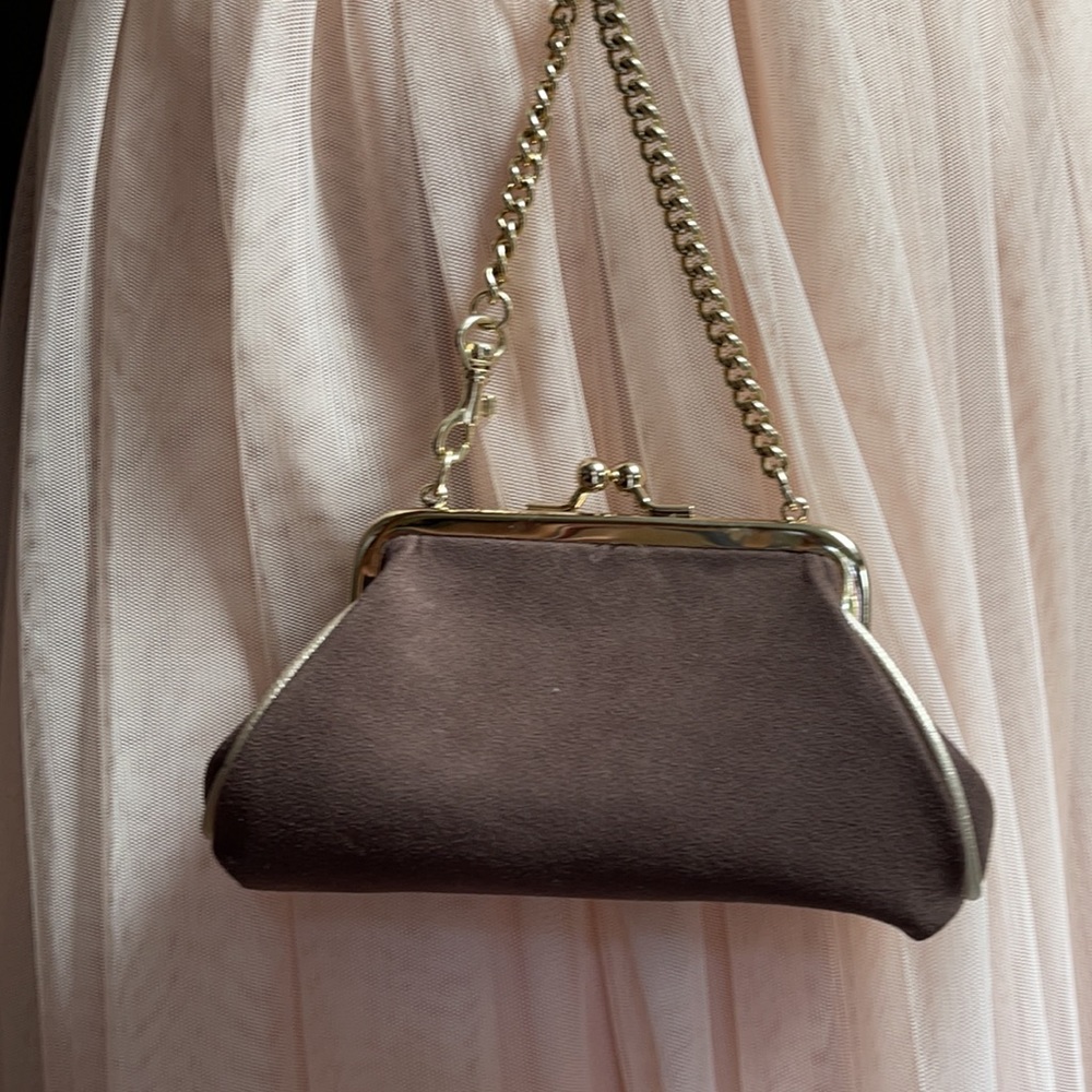 Liz Claiborne Brown Satin Evening Clutch with Gold Chain - Picture 2 of 8